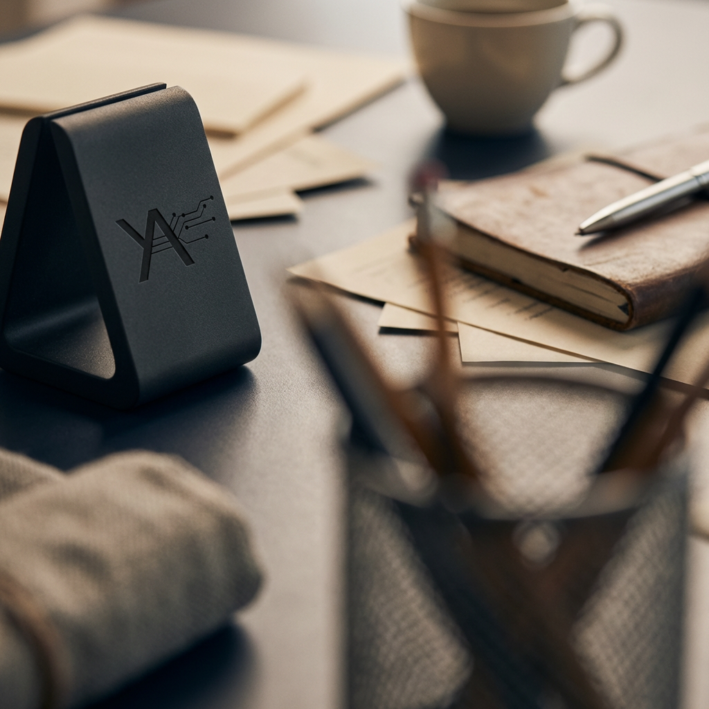 Desk workspace with notebook, coffee, and YochaAI-branded stand
