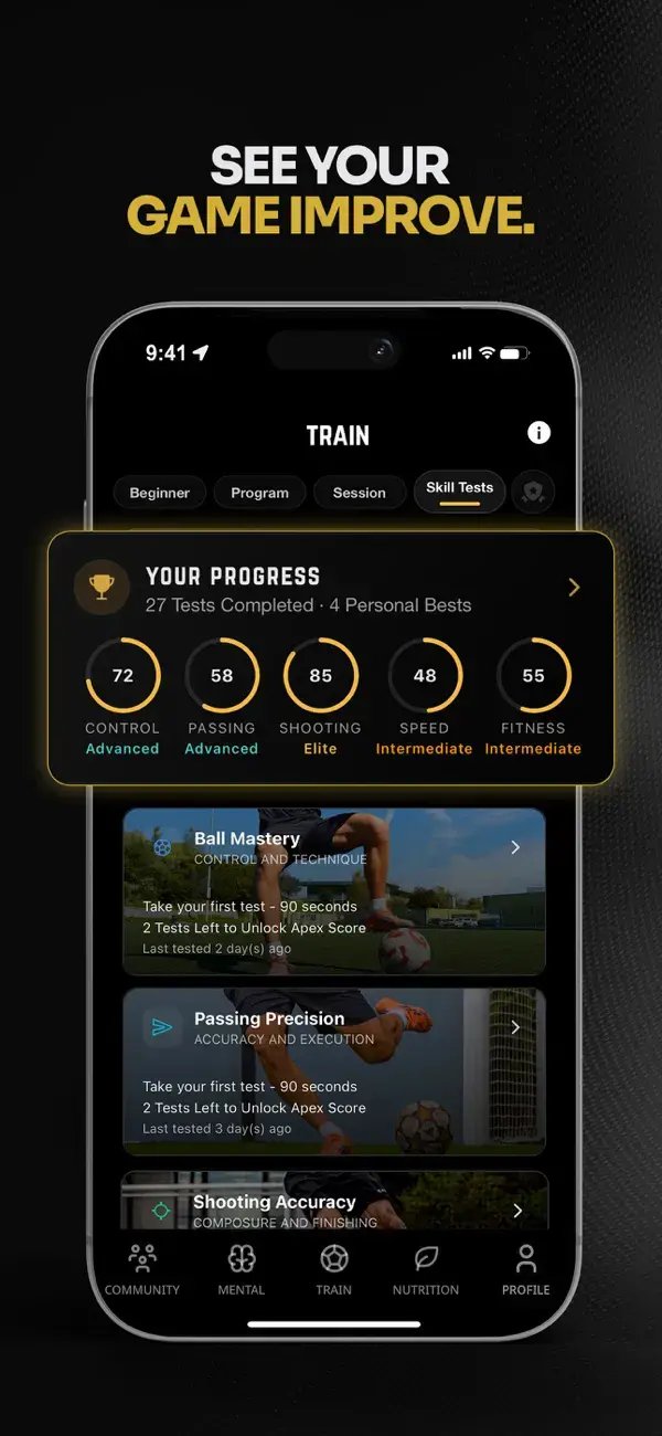 Official NSP Soccer App Store preview showing player progress