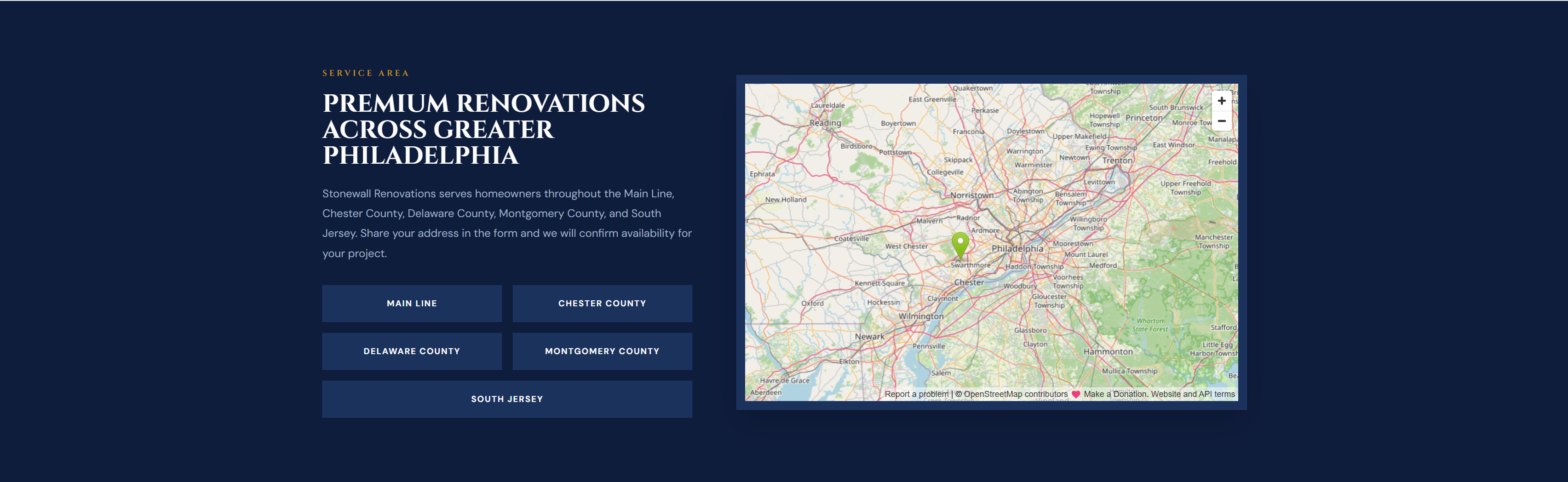 Stonewall Renovations Greater Philadelphia service area map
